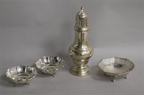 A silver sugar caster, a pair of pierced silver bon bon dishes and another pierced silver dish, approx 13oz gross